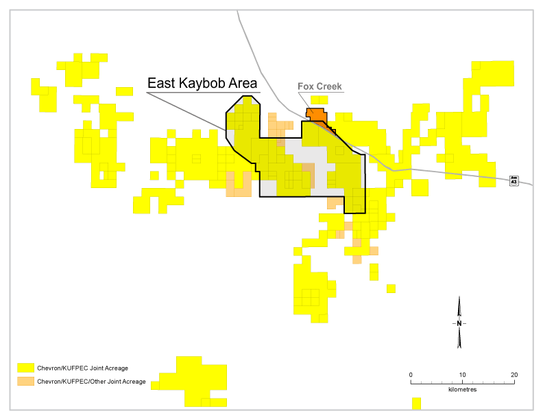 Land map of the Chevron acreage in the east Kaybob area